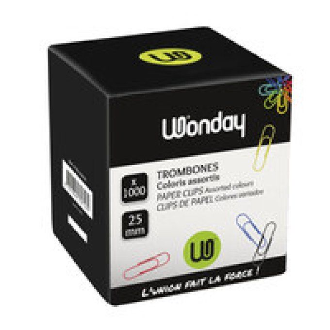 Boîte de 1000 trombones couleur 25mm WONDAY
