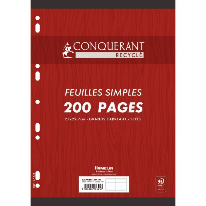 Feuillets mobiles CONQUERANT RECYCLE 200 pages 90g, format A4, seyès