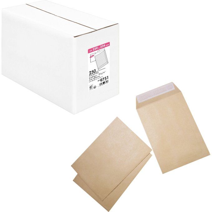 Boite de 250 pochettes kraft 229x324mm 90g bande siliconée. LA COURONNE