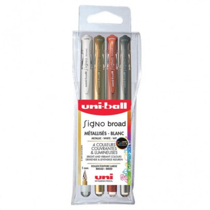 4 stylos roller gel métalisés UNIBALL Signo pointe large