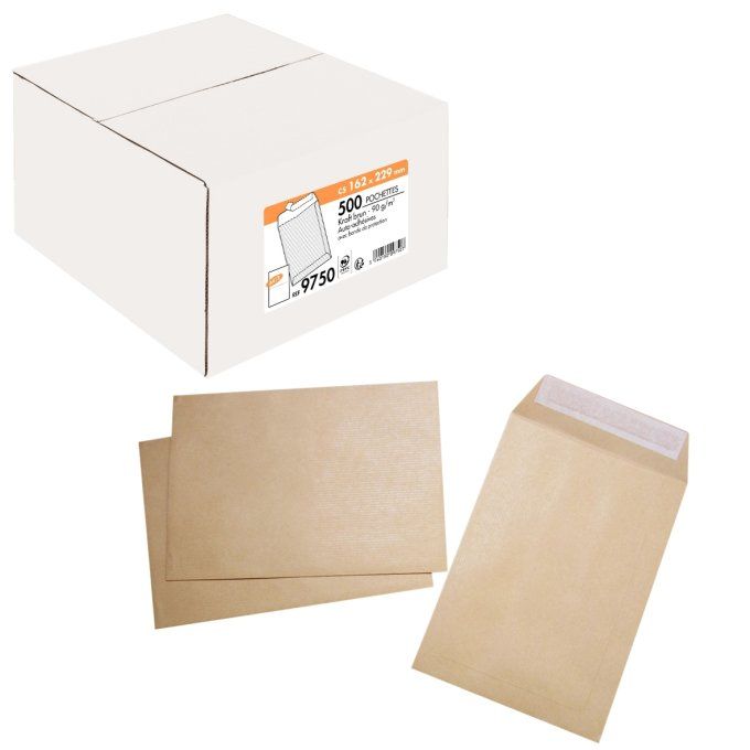 Boite de 500 pochettes kraft 162x229mm 90g bande siliconée. LA COURONNE