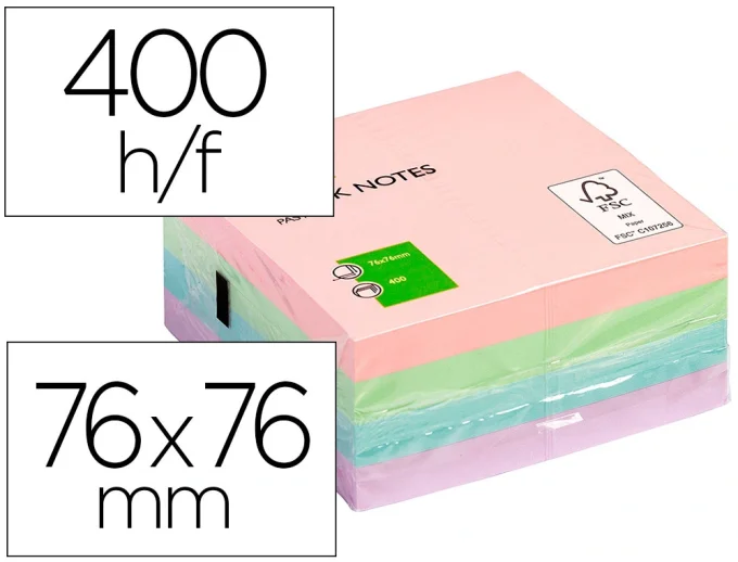 Bloc-notes q-connect cube quick notes 76x76mm 400f repositionnables sans traces coloris pastel.