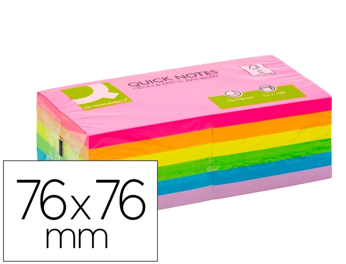 Bloc notes Q-CONNECT 76x76mm 100f adhesives repositionables coloris fluo et pastel assortis 