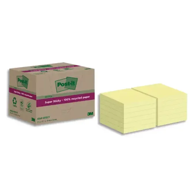 Bloc-notes POST-IT  super sticky 12 blocs 76x76 mm jaune pastel. 100% recyclées
