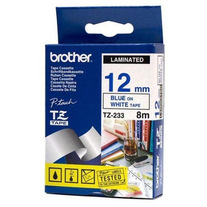 BROTHER Ruban TZe233 (8m) 12mm Laminé Bleu /Blanc
