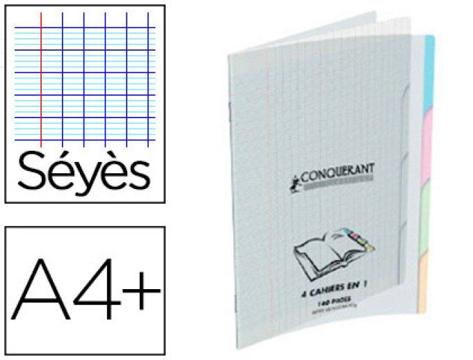 Cahier piqué conquérant classique 4en1 polypropylène 4 index a4+ 24x32cm 140 pages 90g séyès.
