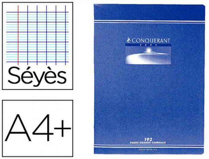 Cahier piqué CONQUERANT sept couverture offset A4+ 24x32cm 192 pages 70g séyès.