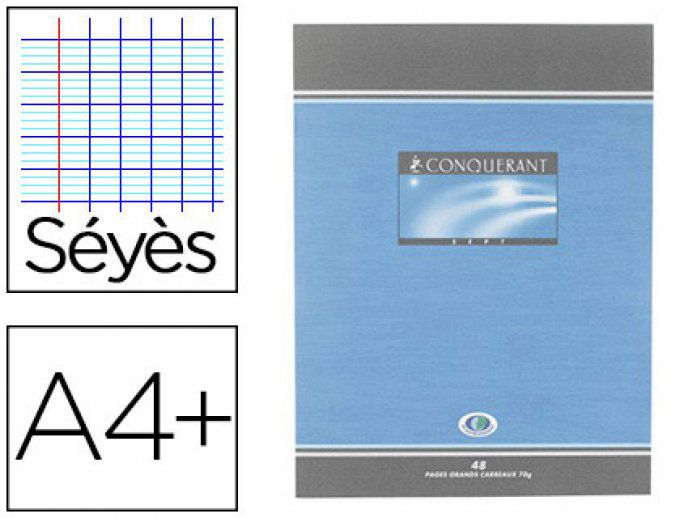Cahier piqué CONQUERANT sept couverture offset A4+ 24x32cm 48 pages 70g séyès.