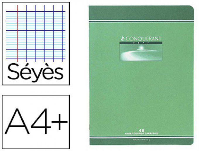 Cahier piqué CONQUERANT sept couverture offset A4+ 24x32cm 96 pages 70g séyès.