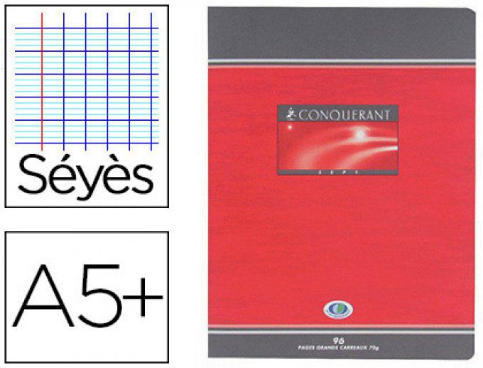 Cahier piqué CONQUERANT sept couverture offset A5+ 17x22cm 96 pages 70g séyès.