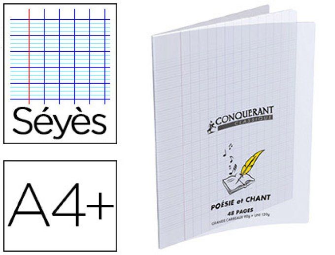 Cahier poésie piqué conquérant classique couverture transparente polypropylène a4+