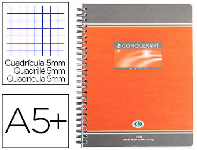 Cahier CONQUÉRANT Spirales reliure intégrale couverture offset A5+ 17x22cm 180 pages 70g 5x5mm.
