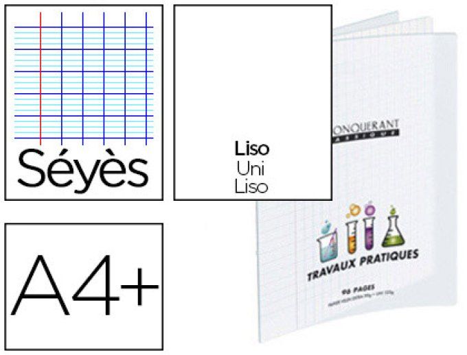 Cahier travaux pratiques conquérant classique couverture pp incolore a4+ 24x32cm 96 pages 90g dessin