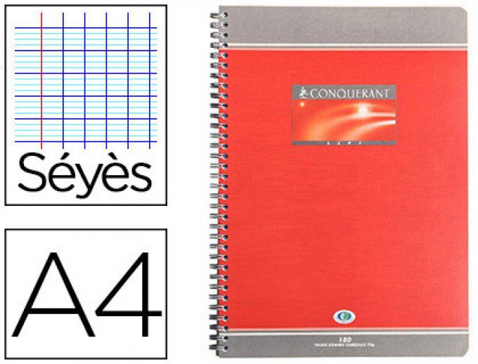 Cahier CONQUÉRANT Spirales reliure intégrale couverture offset A4 21x29,7cm 180 pages 70g séyès.