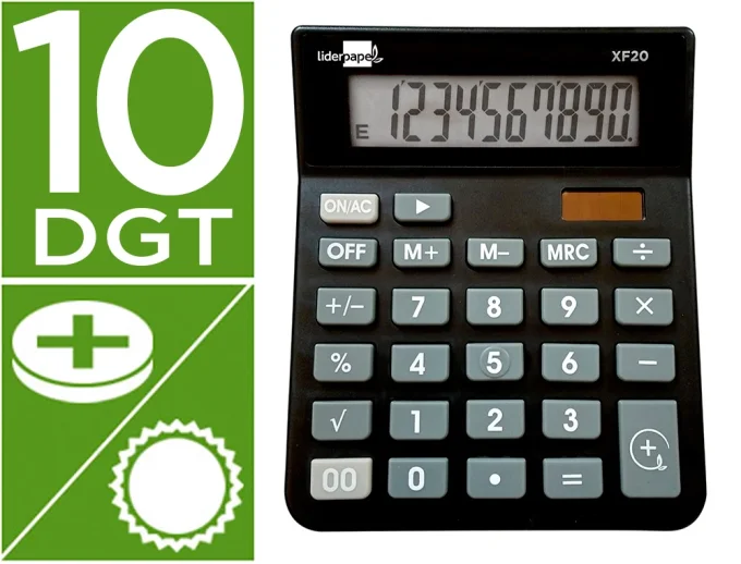 Calculatrice de bureau LIDERPAPEL xf20 10 chiffres solaire et piles 127x105x24 mm coloris noir.