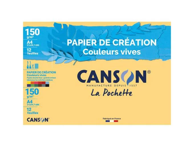 Papier dessin CANSON colorline grain fin 150g A4 coloris vifs pochette 12f.