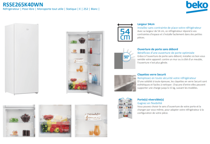Réfrigérateur BEKO RSSE265K40WN 252L