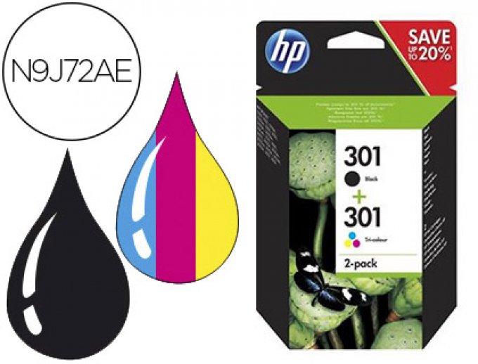  HP Pack 2 Encres 301 Noir 190 pages et couleur 165 pages
