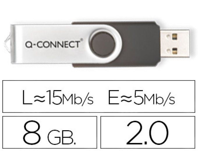 Clé usb q-connect 2.0 8gb vitesse lecture 15mb/s écriture 5mb/s capuchon rotatif. 