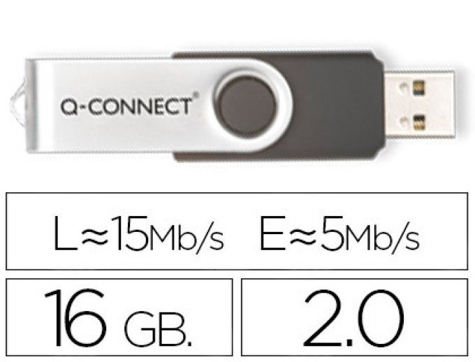Clé usb q-connect 2.0 16gb vitesse lecture 18mb/s écriture 8mb/s capuchon rotatif.