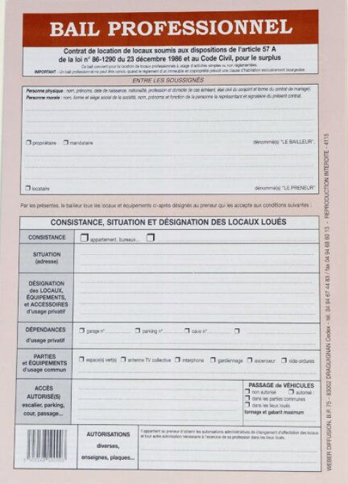 Contrat bail professionnel WEBER DIFFUSION  8 pages 1 état lieux 1 caution solidaire.