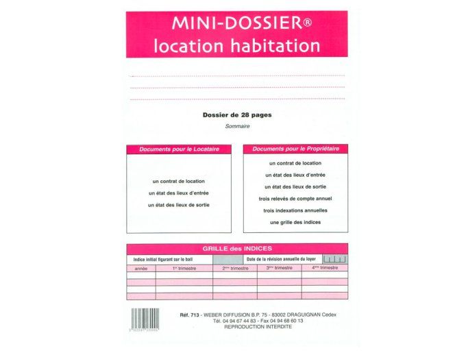 Contrat location habitation WEBER DIFFUSION mini 28 pages 2 états lieux 3 relevés compte locataire i