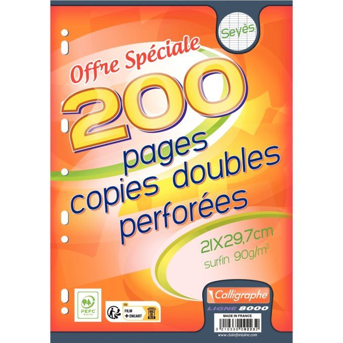 Copies doubles perforées 200 pages 90g, format A4, seyès blanc CALLIGRAPHE