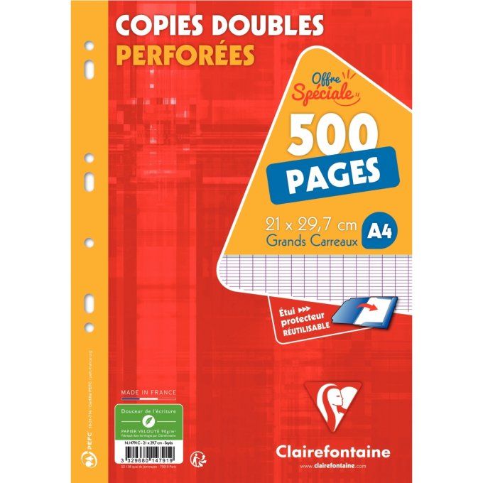 Etui de 125 copies doubles perforées, format A4, seyès, papier 90g, blanc 500 PAGES