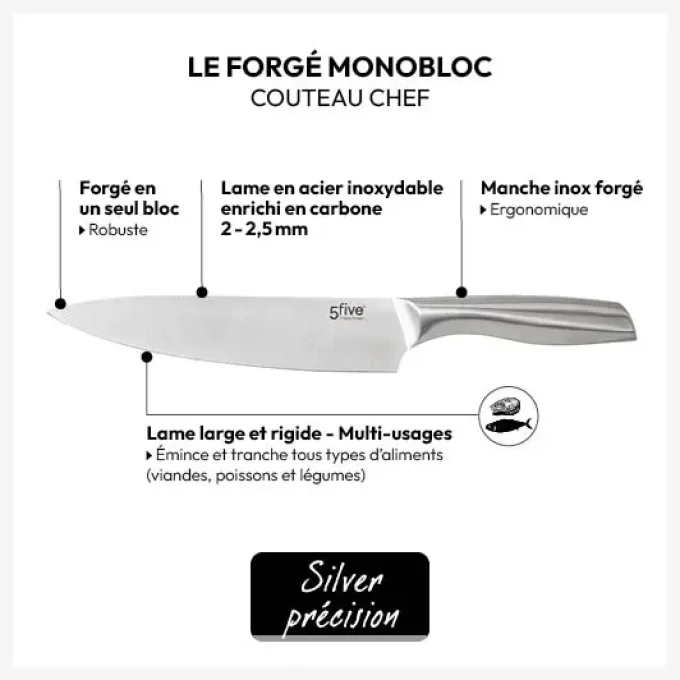 Couteau de chef "Silver précision" L34cm en inox S.G forgé