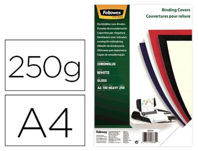 Couverture FELLOWES chromolux bristol glacé 250g format A4 coloris blanc paquet 100 unités.
