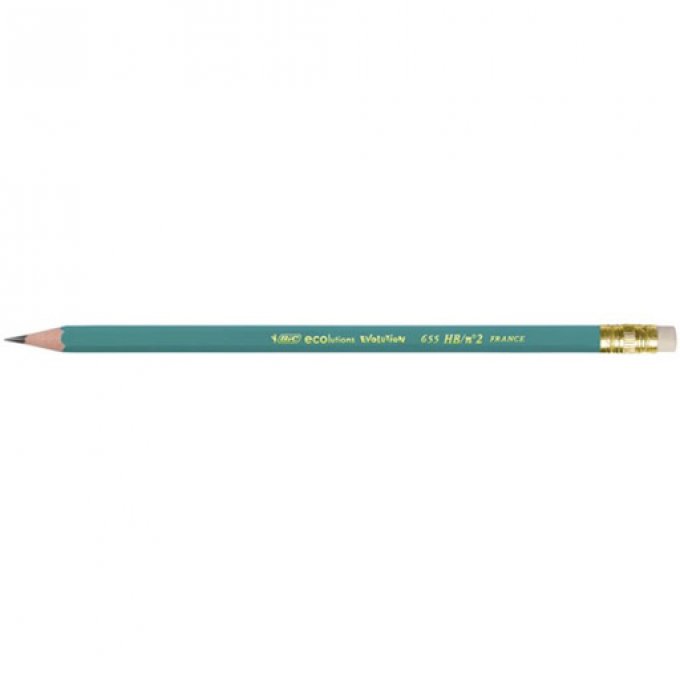 Crayon graphite BIC évolution hexagonal corps résine synthèse résiste mordillage mine HB bout gomme.