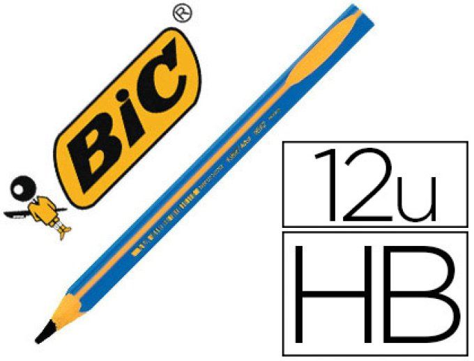 12 Crayons graphites BIC  d'apprentissage corps triangulaire mine ultra-solide hb 4mm coloris bleu.