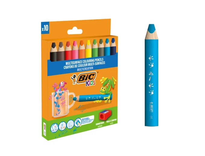 Crayon couleur bic kids multi-surfaces corps triangulaire mine effacable coloris assortis pack 10 un