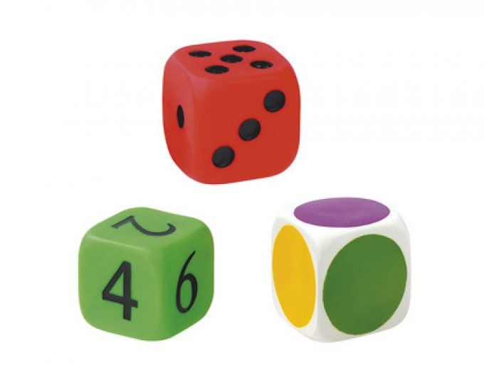 Dés éducatifs géants en plastique points chiffres couleurs 10cm 3 unités.