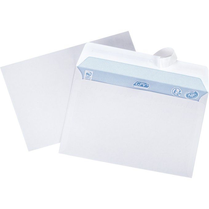 Boîte de 500 enveloppes blanches C6 114x162 80g/m² bande de protection. GPV