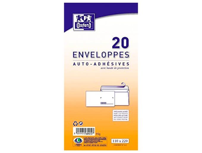 Enveloppe OXFORD précasée vélin blanc 80g dl 110x220mm adhésive paquet 20 unités.