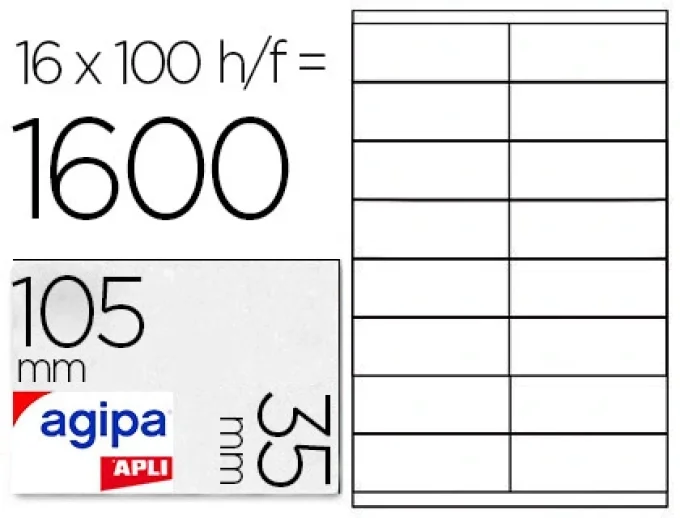 Étiquette adhésive apli agipa multi-usage 105x35mm toute imprimante boîte 1600 unités.