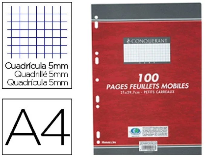 Feuillet mobile conquérant sept a4 210x297mm 100 pages 90g 5x5mm perforé coloris blanc.