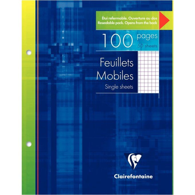 Etui de 50 feuillets mobiles, format 17x22 cm, quadrillé 5x5, papier 90g, blanc