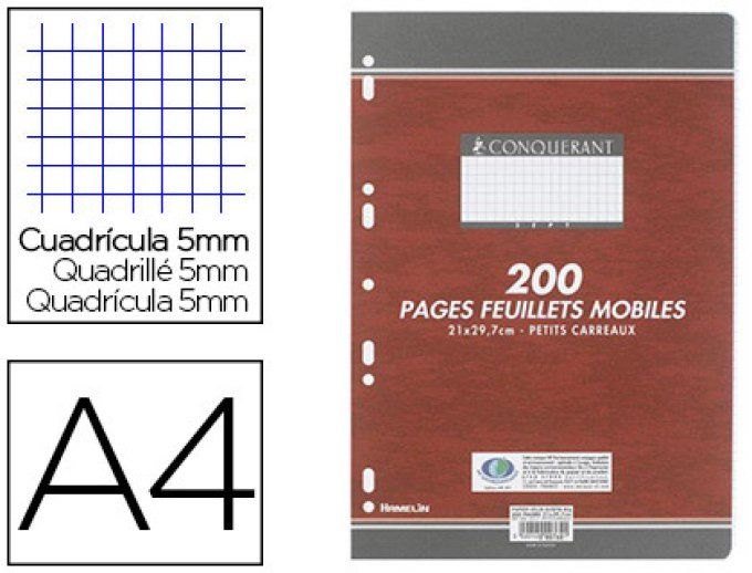 Feuillet mobile conquérant sept a4 210x297mm 200 pages 90g 5x5mm perforé coloris blanc.