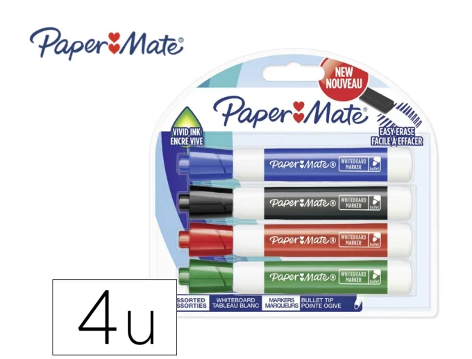 Marqueur PAPERMATE effaçable tableau blanc pointe ogive coloris assortis standard blister 4 unites.