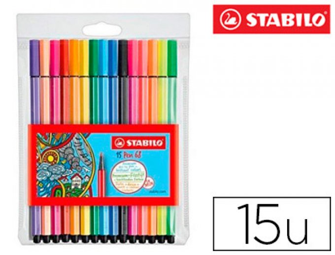 Feutre  STABILO pen 68 pointe moyenne ogive robuste pochette de 15 unités dont 5 fluos.