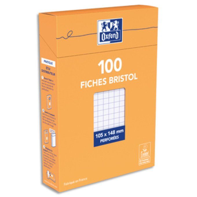 Fiches bristol boite de 100. perforéées 105 x 148  Q.5x5 blanc OXFORD
