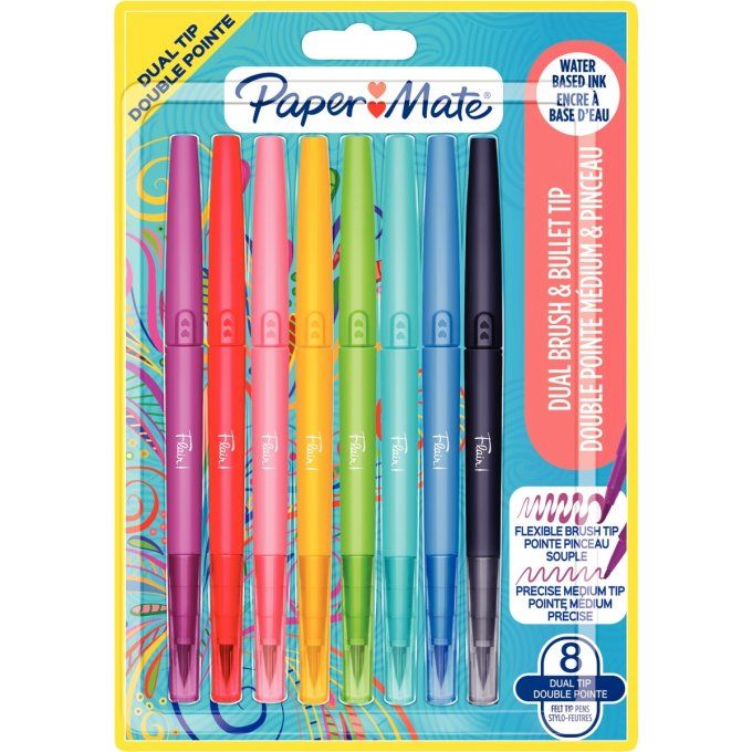Blister de 8 feutres Flair Dual bi-pointes assortis PAPER MATE