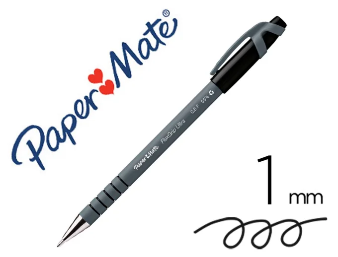 Stylo-bille PAPERMATE flexgrip ultra cap pointe moyenne 1mm clip pratique coloris noir.