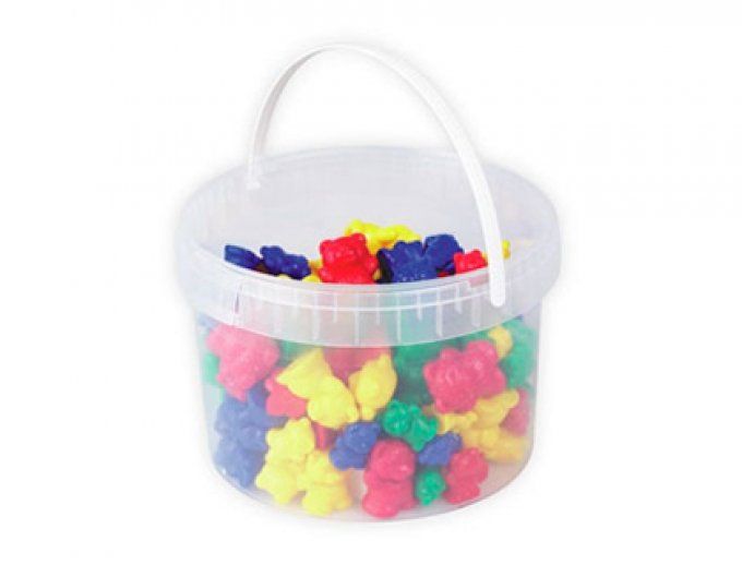 Jeu ourson à trier seau rangement contient 96 oursons 3 tailles 3 poids 4 coloris.