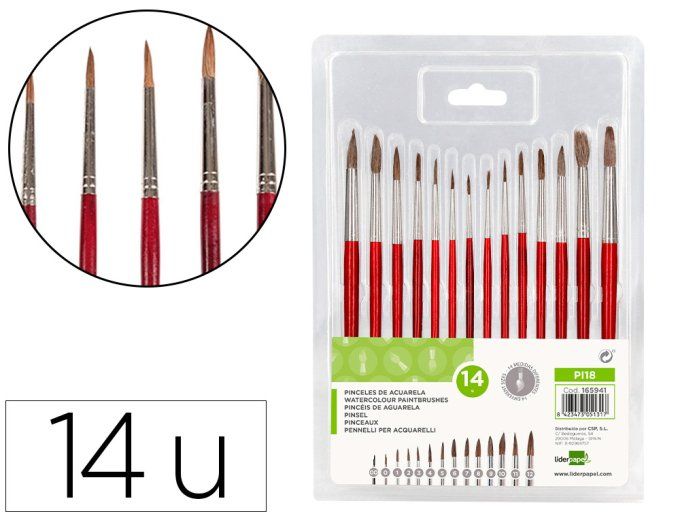 Pinceau liderpapel bois virole chromee aquarelle modeles assortis blister de 14 un.