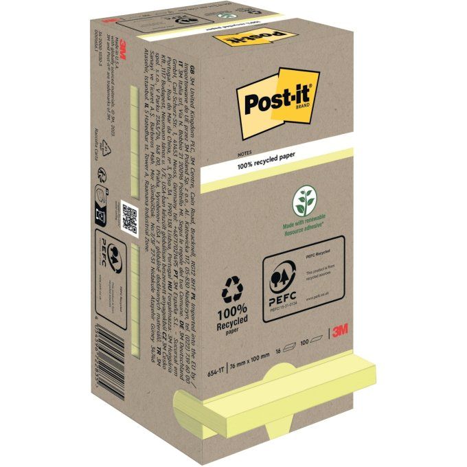 Tour distributrice de 16 blocs de 100 feuilles post-it recyclées 76 x 76 mm coloris jaune