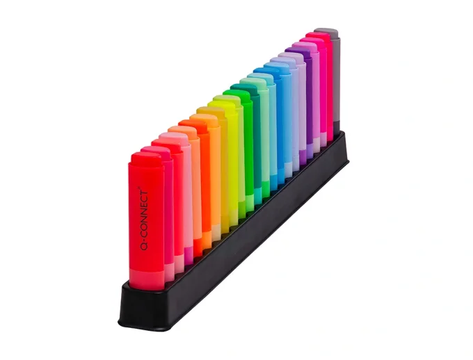 Surligneur q-connect fluorescent pointe biseautee etui de bureau 23 unites coloris assortis.