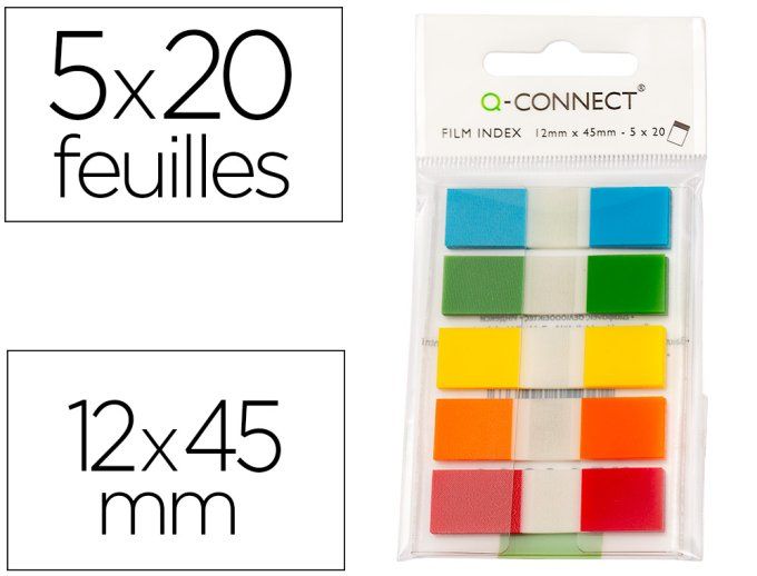 Marque-pages Q-CONNECT mini kit poche 12x45mm 130f coloris assortis bleu rouge jaune vert orange lot